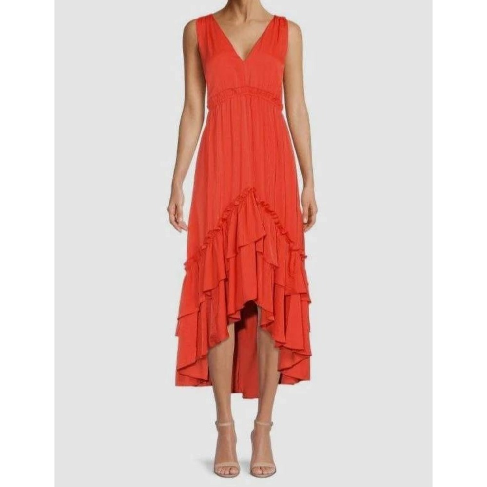 Kobi Halperin Orange V-Neck Ruffle High-Low Maxi Dress KU2D38 Womens Large